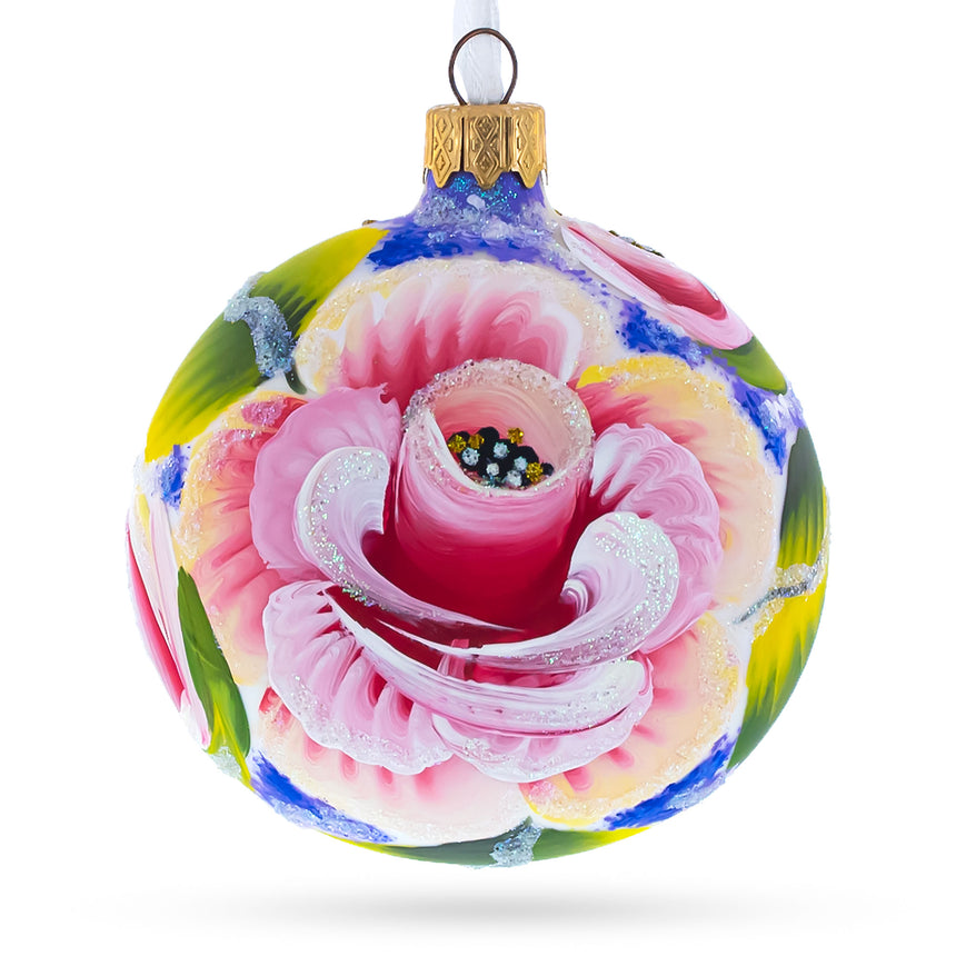 Glass Exquisite Roses Flowers Blown Glass Ball Christmas Ornament 3.25 Inches in Multi color Round