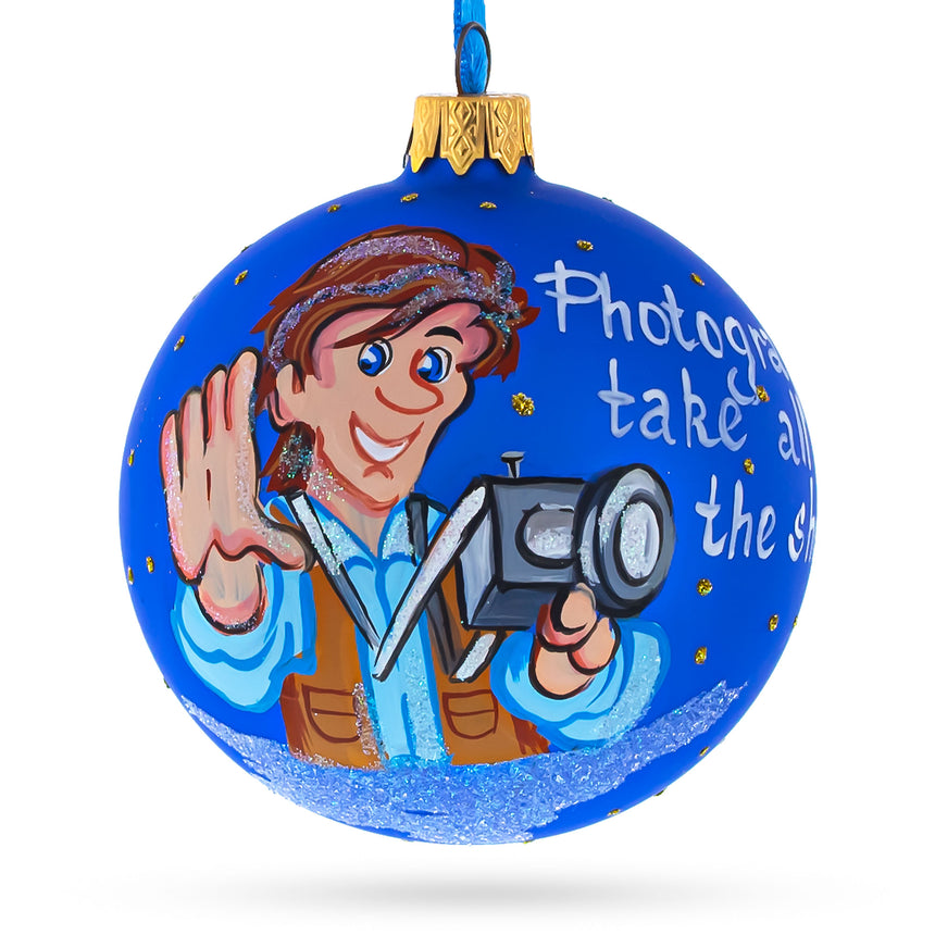 Glass Photographer Holding Camera Blown Glass Christmas Ornament 3.25 Inches in Blue color Round