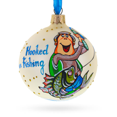 Glass Passionate Hooked on Fishing Glass Ball Christmas Ornament 3.25 Inches in Beige color Round