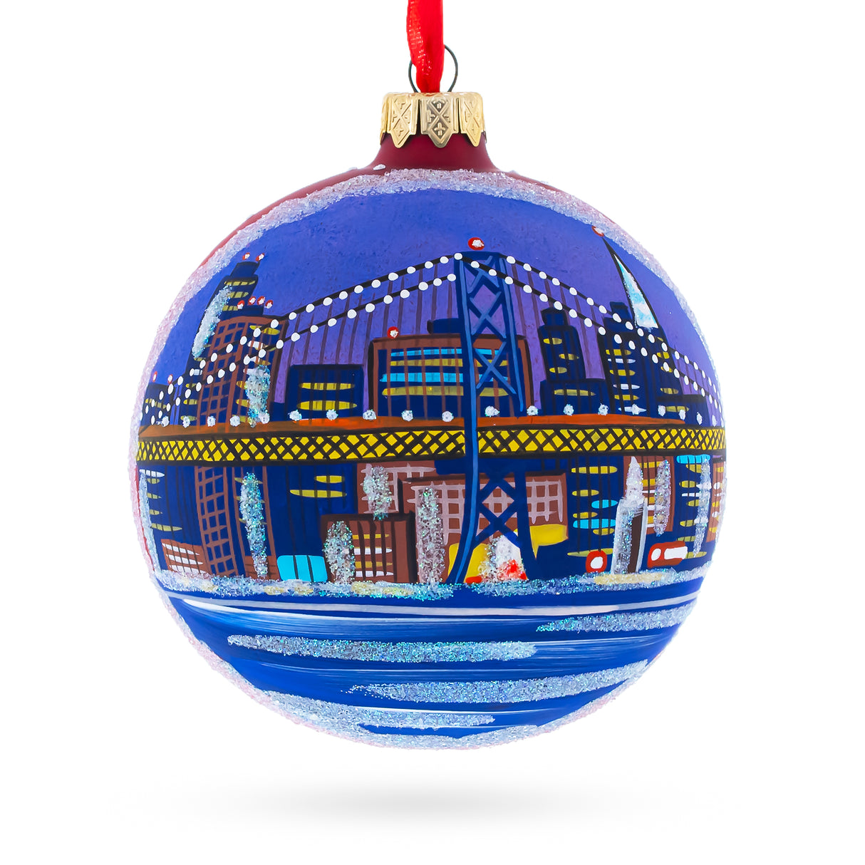 Glass San Francisco Golden Gate Bridge Glass Christmas Ornament 4 Inches in Blue color Round