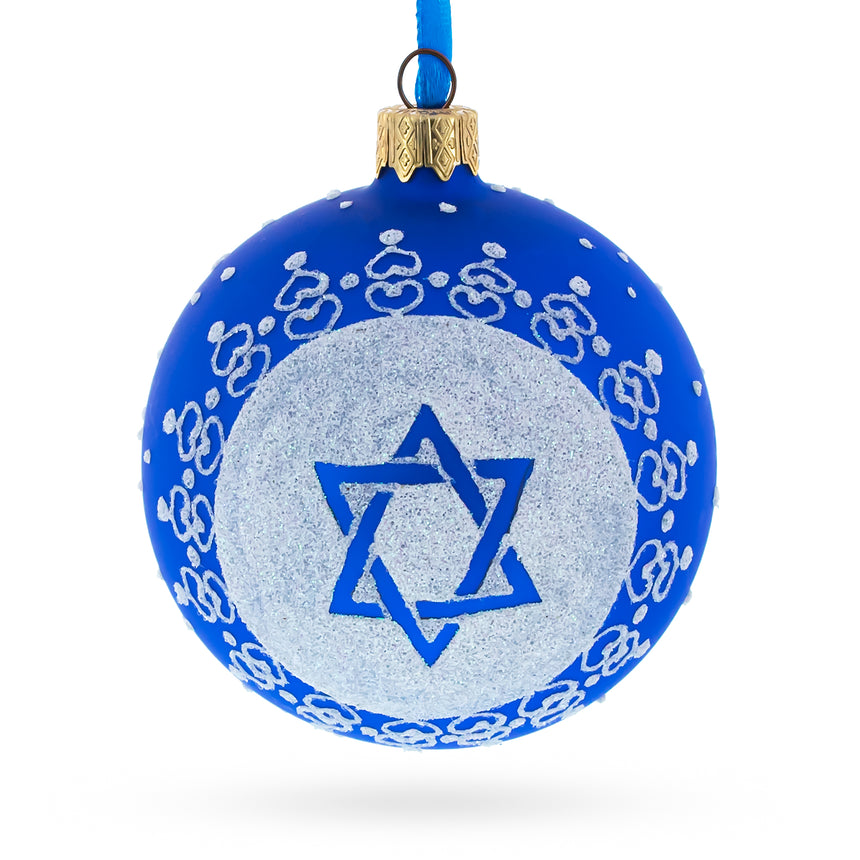 Glass Sacred Star of David Jewish Blown Glass Ball Ornament 3.25 Inches in Blue color Round