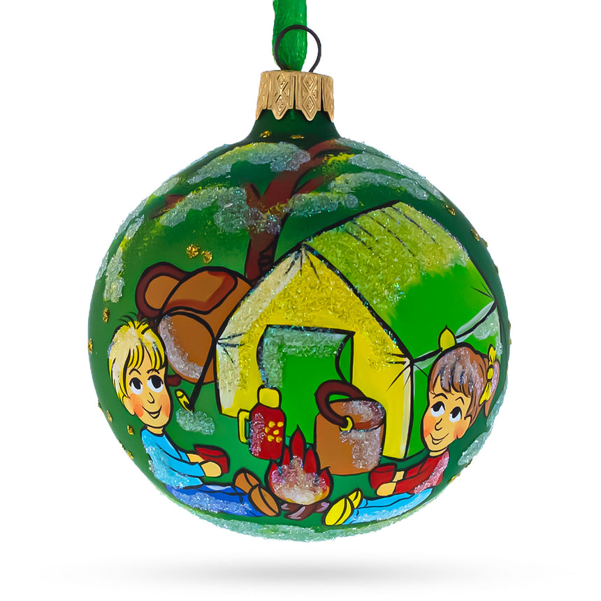 Glass Hiking & Camping Glass Ball Christmas Ornament 3.25 Inches in Green color Round