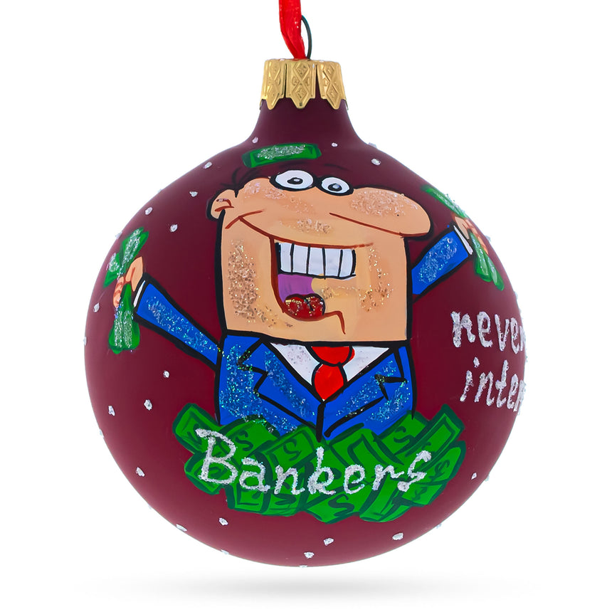 Glass Joyful Happy Banker Blown Glass Ball Christmas Ornament, 3.25 Inches in Red color Round