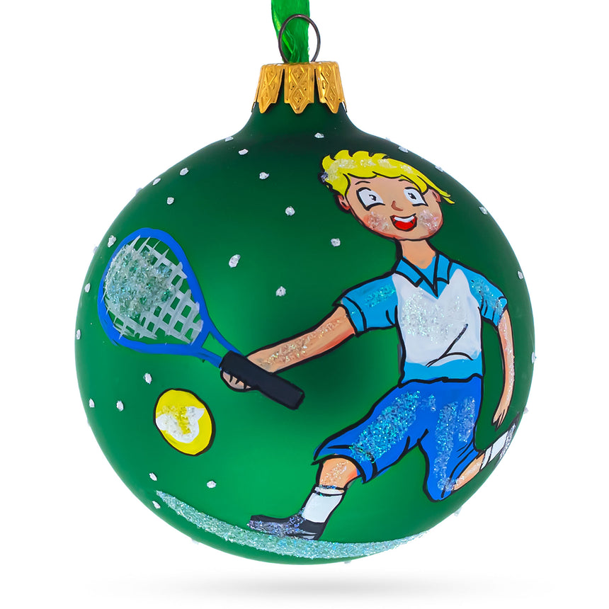 Glass Dynamic Tennis Player Blown Glass Ball Christmas Ornament 3.25 Inches in Green color Round