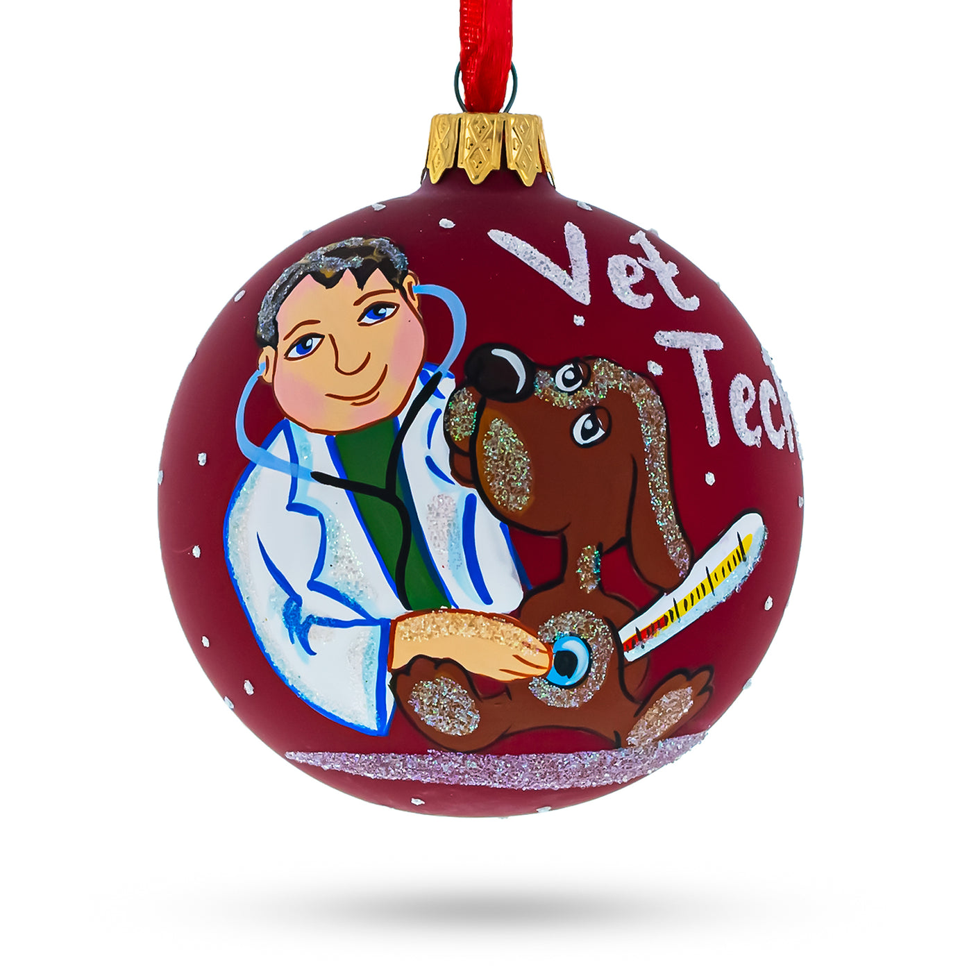 Glass Dedicated Veterinarian Technician Blown Glass Ball Christmas Ornament 3.25 Inches in Red color Round