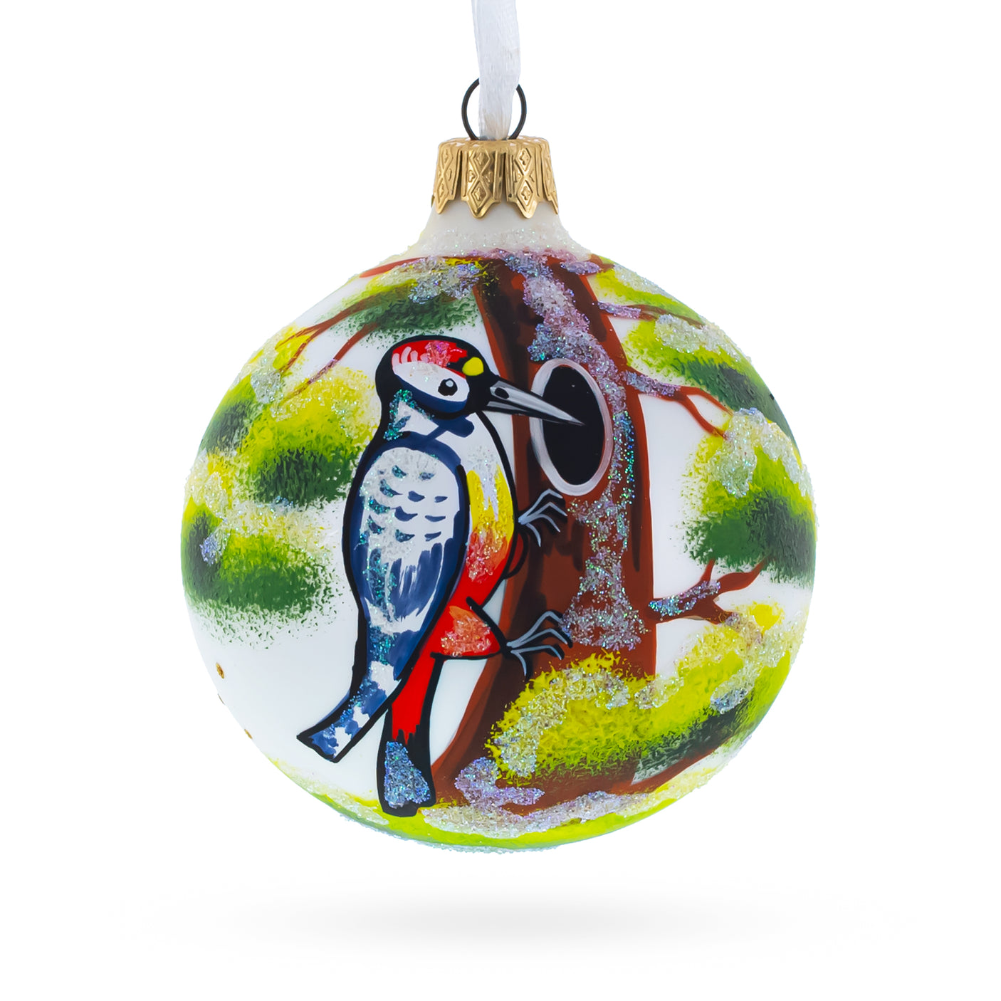 Glass Woodpecker Glittered Blown Glass Ball Christmas Ornament 3.25 Inches in Multi color Round