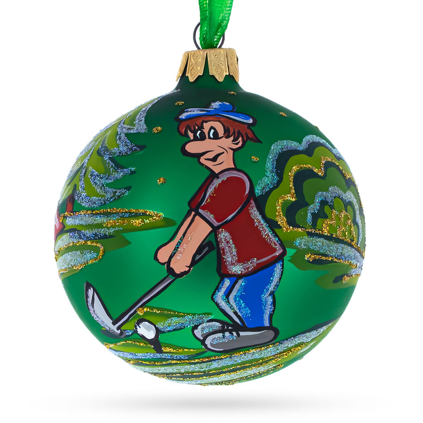 Glass Golf Player Blown Glass Ball Christmas Ornament 3.25 Inches in Green color Round