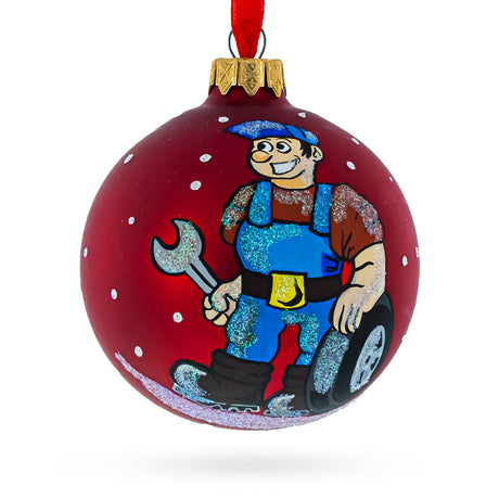 Glass Car Mechanic Blown Glass Ball Christmas Ornament 3.25 Inches in Red color Round