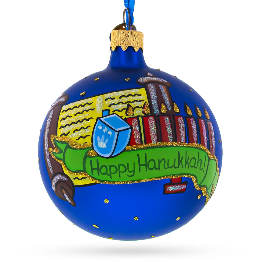 Glass Happy Hanukkah Jewish Celebration Blown Glass Ball Ornament 3.25 Inches in Blue color Round