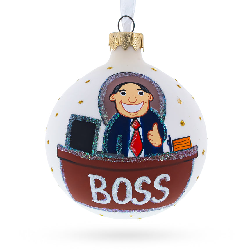 Glass Cheerful Leader Blown Glass Ball Boss Christmas Ornament 3.25 Inches in White color Round