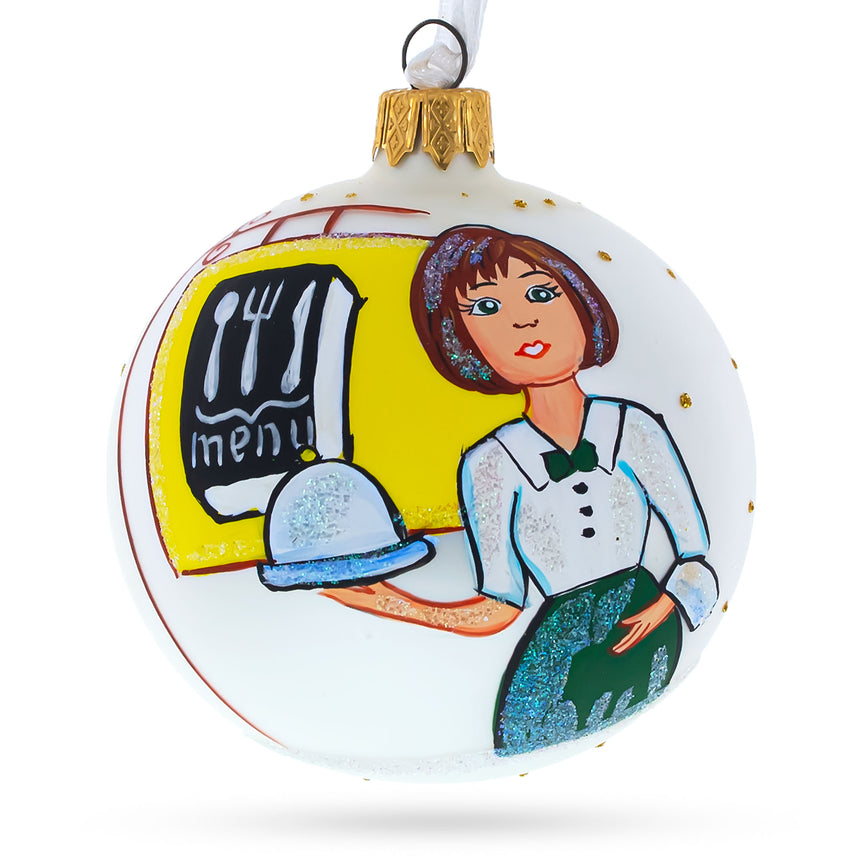 Glass Waitress Blown Glass Ball Christmas Ornament 3.25 Inches in White color Round