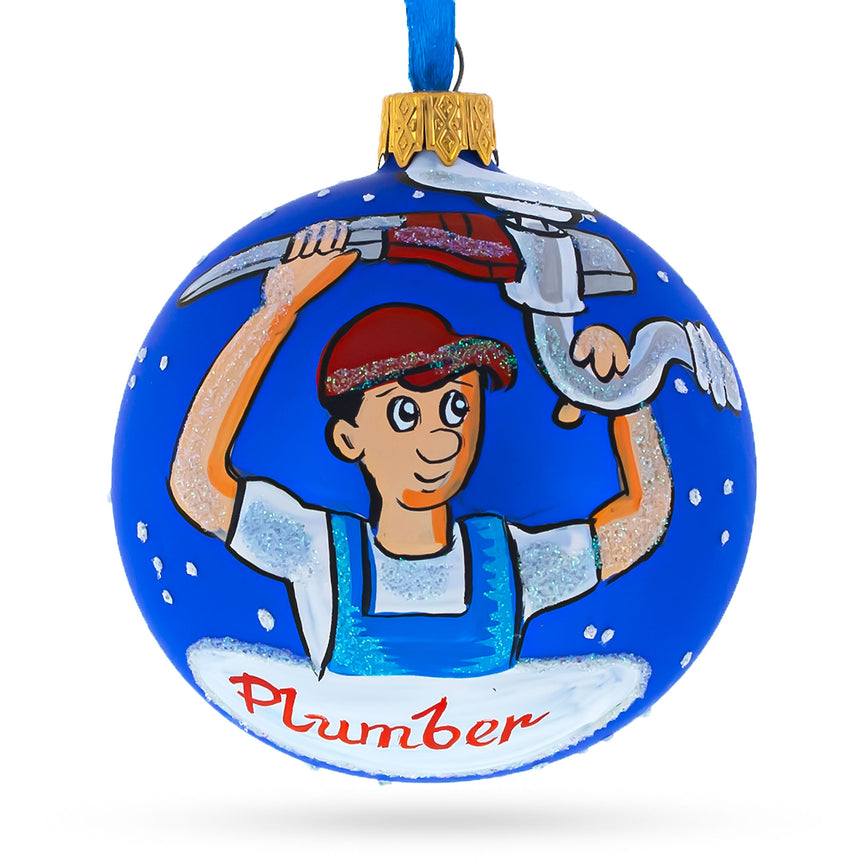 Glass Plumber Blown Glass Ball Christmas Ornament 3.25 Inches in Blue color Round