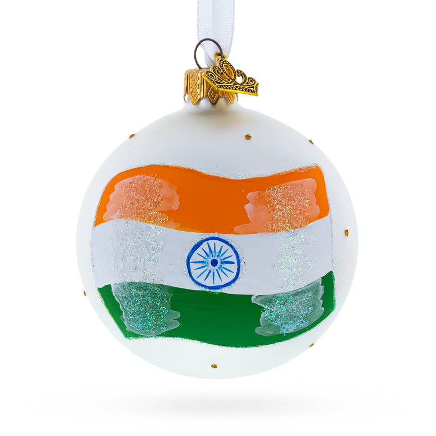 Glass Flag of India Glass Ball Christmas Ornament 3.25 Inches in White color Round