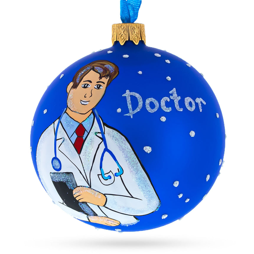 Glass Doctor Blown Glass Ball Christmas Ornament 3.25 Inches in Blue color Round