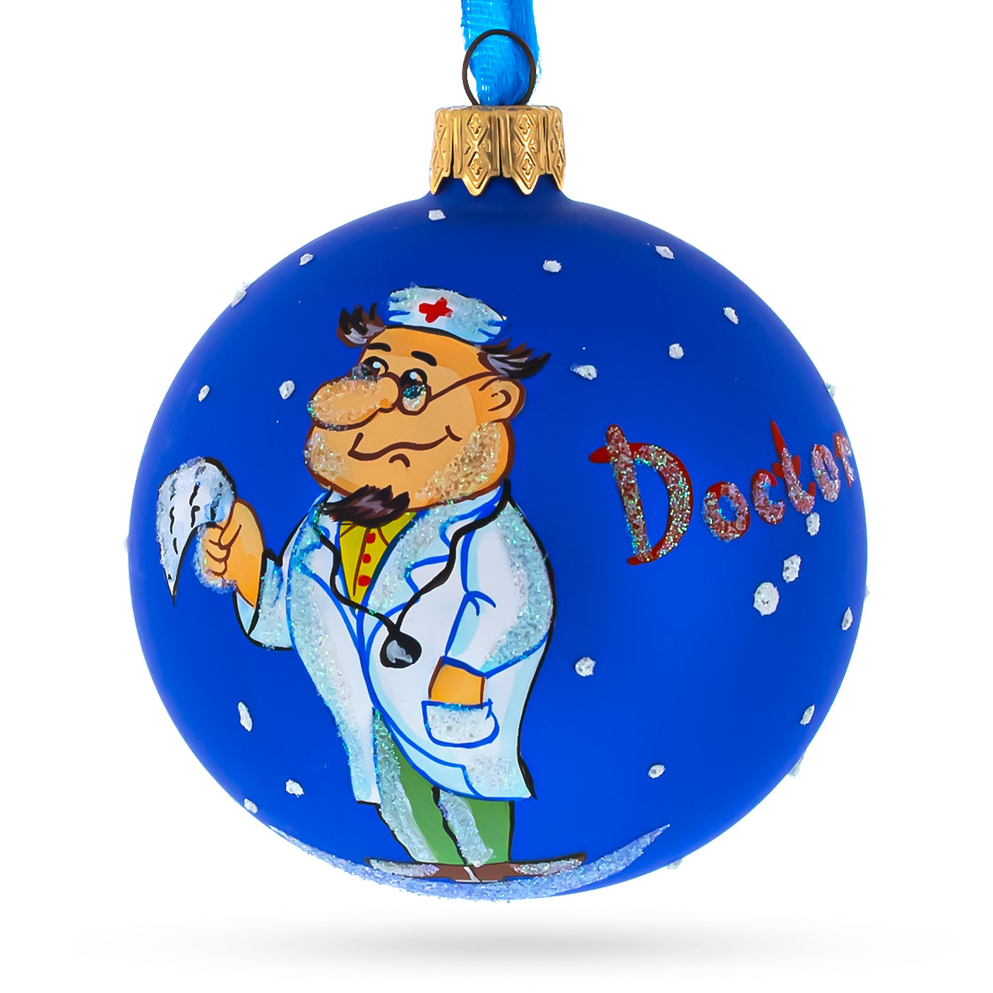 Glass Doctor Reading Blown Glass Ball Christmas Ornament 3.25 Inches in Blue color Round