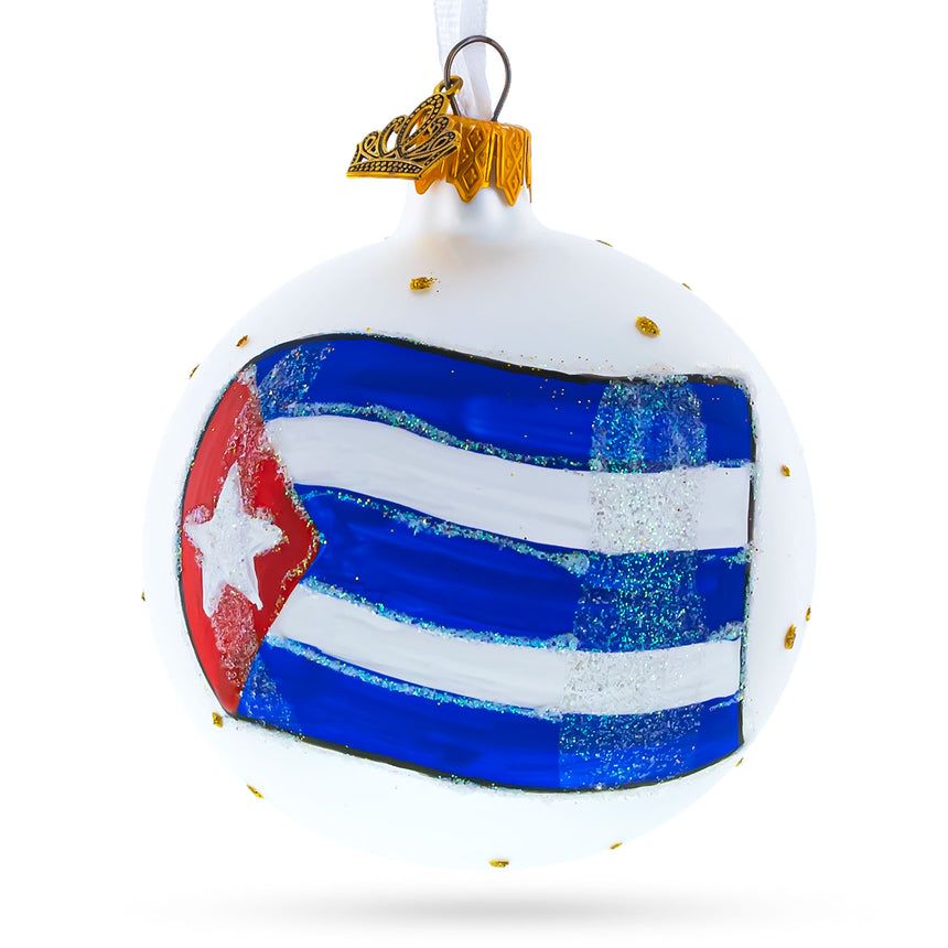 Glass Flag of Cuba Blown Glass Ball Christmas Ornament 3.25 Inches (Made in Ukraine) in White color Round