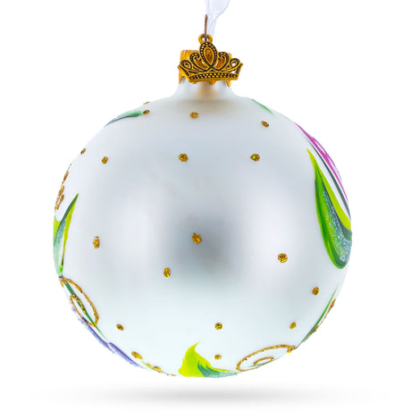 Tulip Bouquet on White Blown Glass Ball Christmas Ornament 3.25 InchesUkraine ,dimensions in inches: 3.25 x 3.25 x 3.25