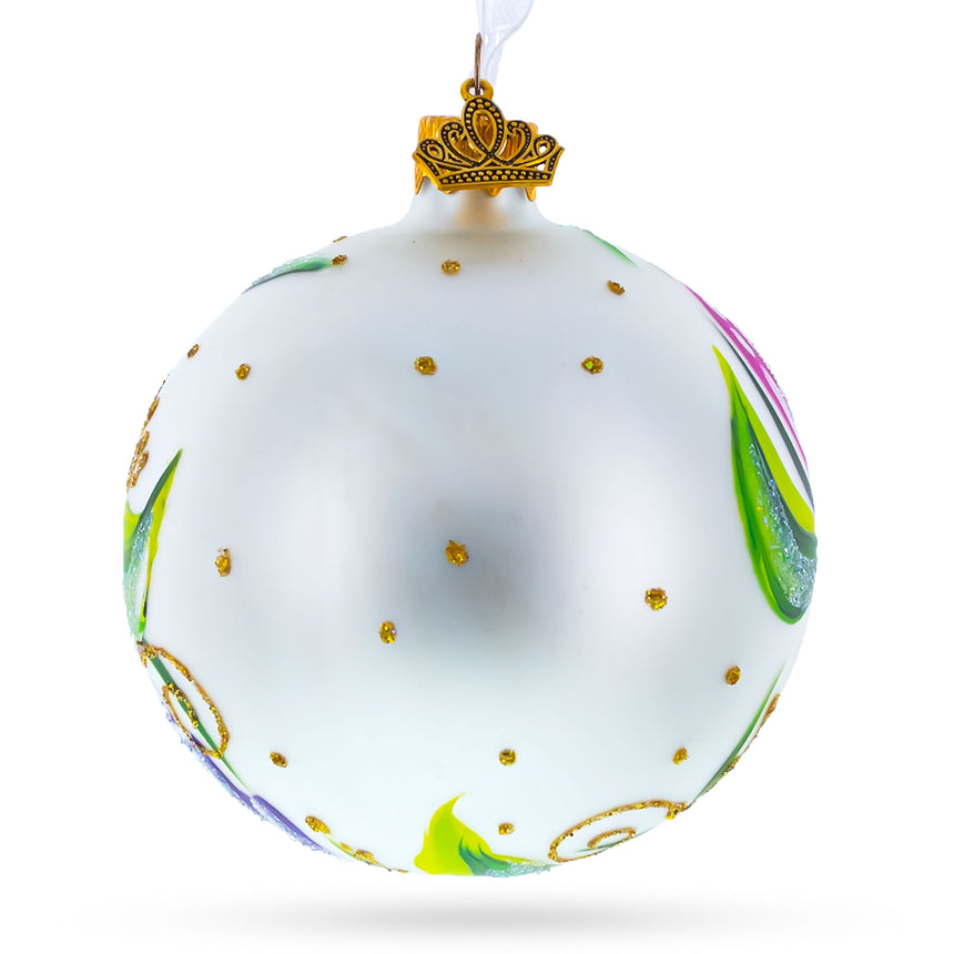 Tulip Bouquet on White Blown Glass Ball Christmas Ornament 3.25 InchesUkraine ,dimensions in inches: 3.25 x 3.25 x 3.25