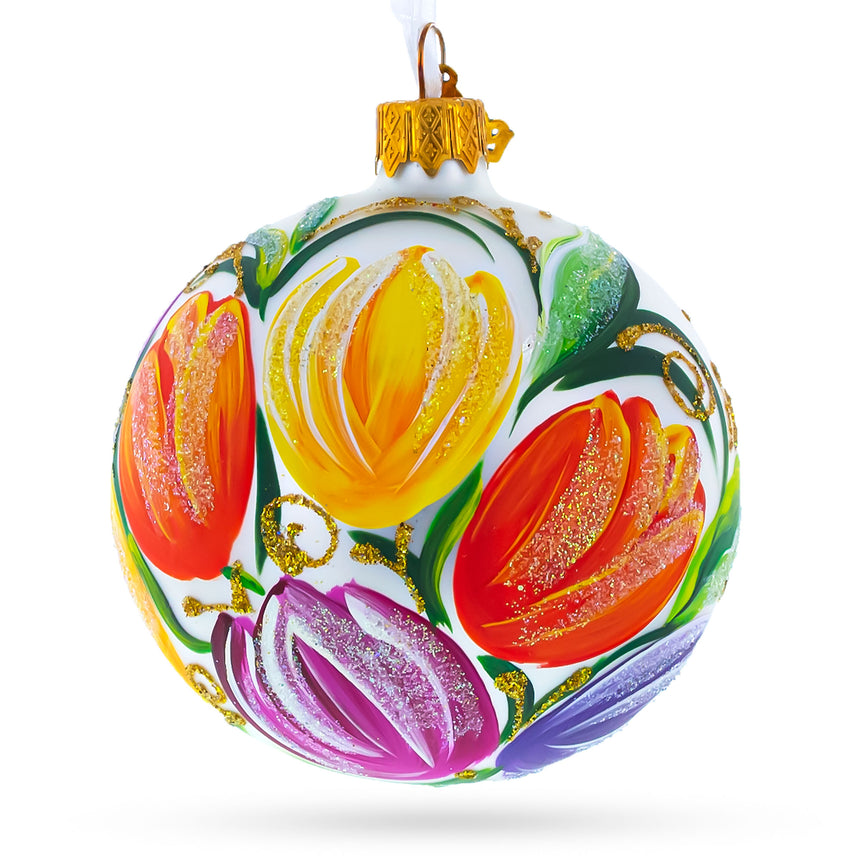 Glass Tulip Bouquet on White Blown Glass Ball Christmas Ornament 3.25 Inches in White color Round