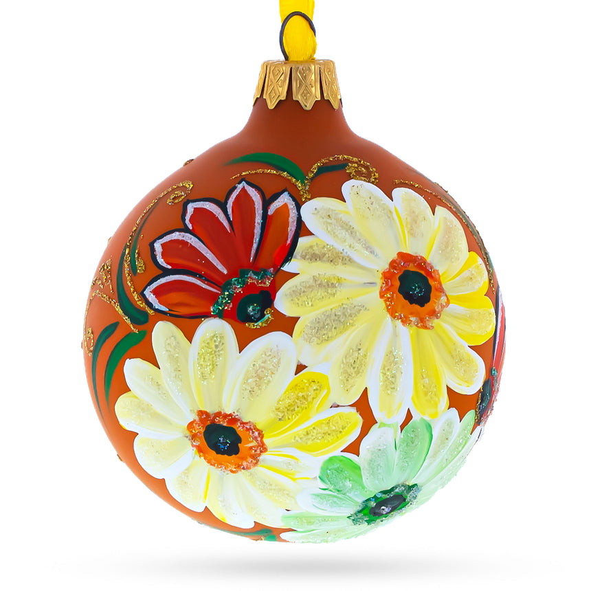 Glass Gerbera Daisies Blown Glass Ball Christmas Ornament 3.25 Inches in Orange color Round