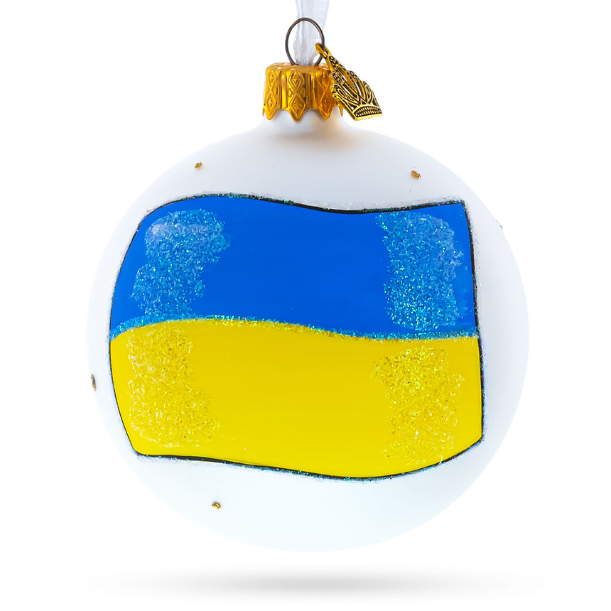 Glass Flag of Ukraine Glass Ball Christmas Ornament 3.25 Inches in White color Round