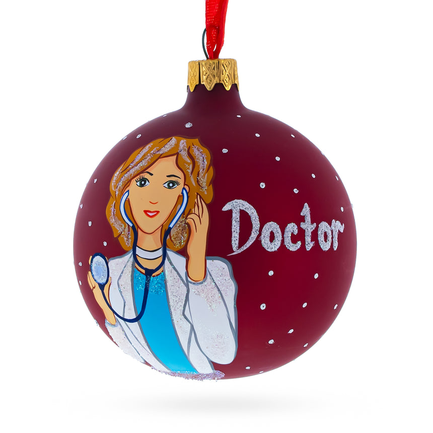 Glass Doctor with Stethoscope Blown Glass Ball Christmas Ornament 3.25 Inches in Red color Round