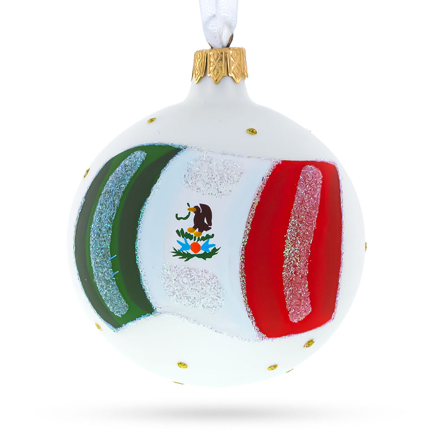 Glass Flag of Mexico Glass Ball Christmas Ornament 3.25 Inches in White color Round