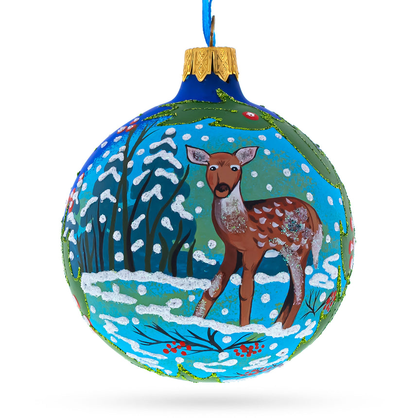 Glass Adorable Baby Deer Glass Ball Christmas Ornament 3.25 Inches in Blue color Round