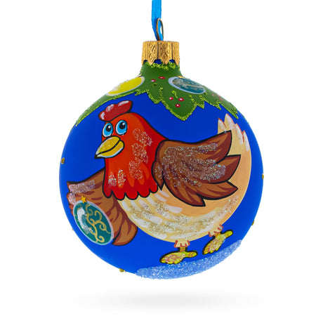 Glass Hen Decorating the Tree Blown Glass Christmas Ornament 3.25 Inches in Multi color Round