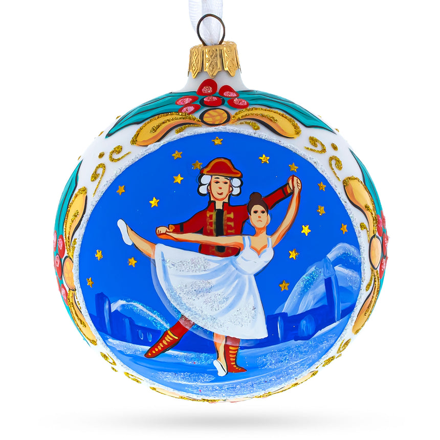 Glass Ballet Dancers Glass Ball Christmas Ornament 4 Inches in Blue color Round