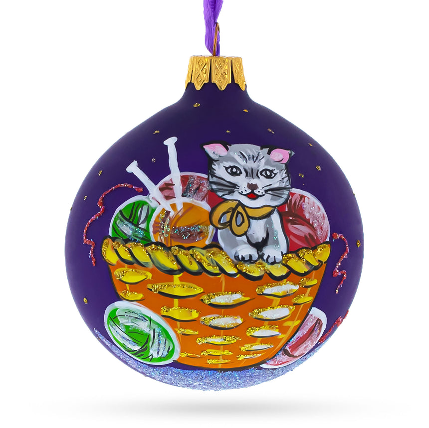 Glass Kitten with Yarn Blown Balls Glass Christmas Ornament 3.25 Inches in Purple color Round