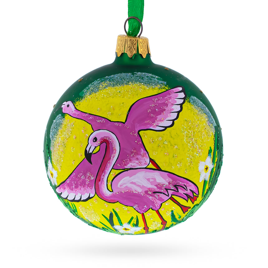 Glass Pink Flamingos Blown Glass Christmas Ornament 3.25 Inches in Green color Round