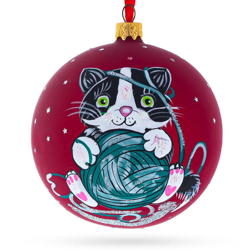 Glass Kitten with Green Yarn Glass Blown Ball Christmas Ornament 4 Inches in Red color Round