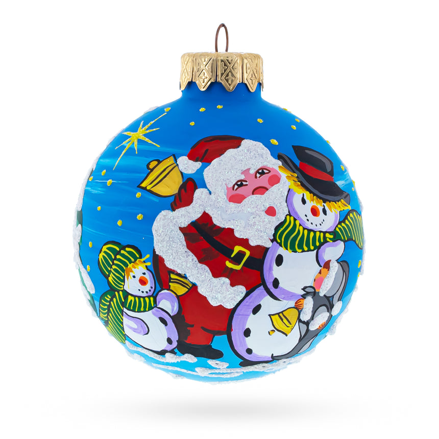 Glass Santa and Two Snowmen Glass Ball Christmas Ornament 3.25 Inches in Multi color Round