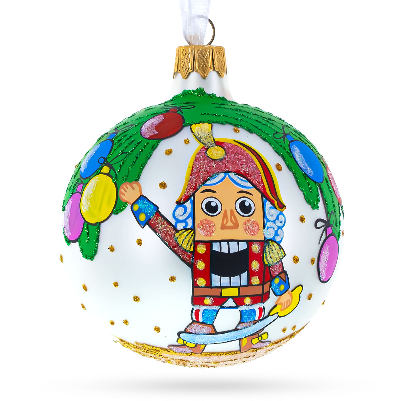 Glass Nutcracker and Christmas Tree Blown Glass Ball Ornament 3.25 Inches in Multi color Round