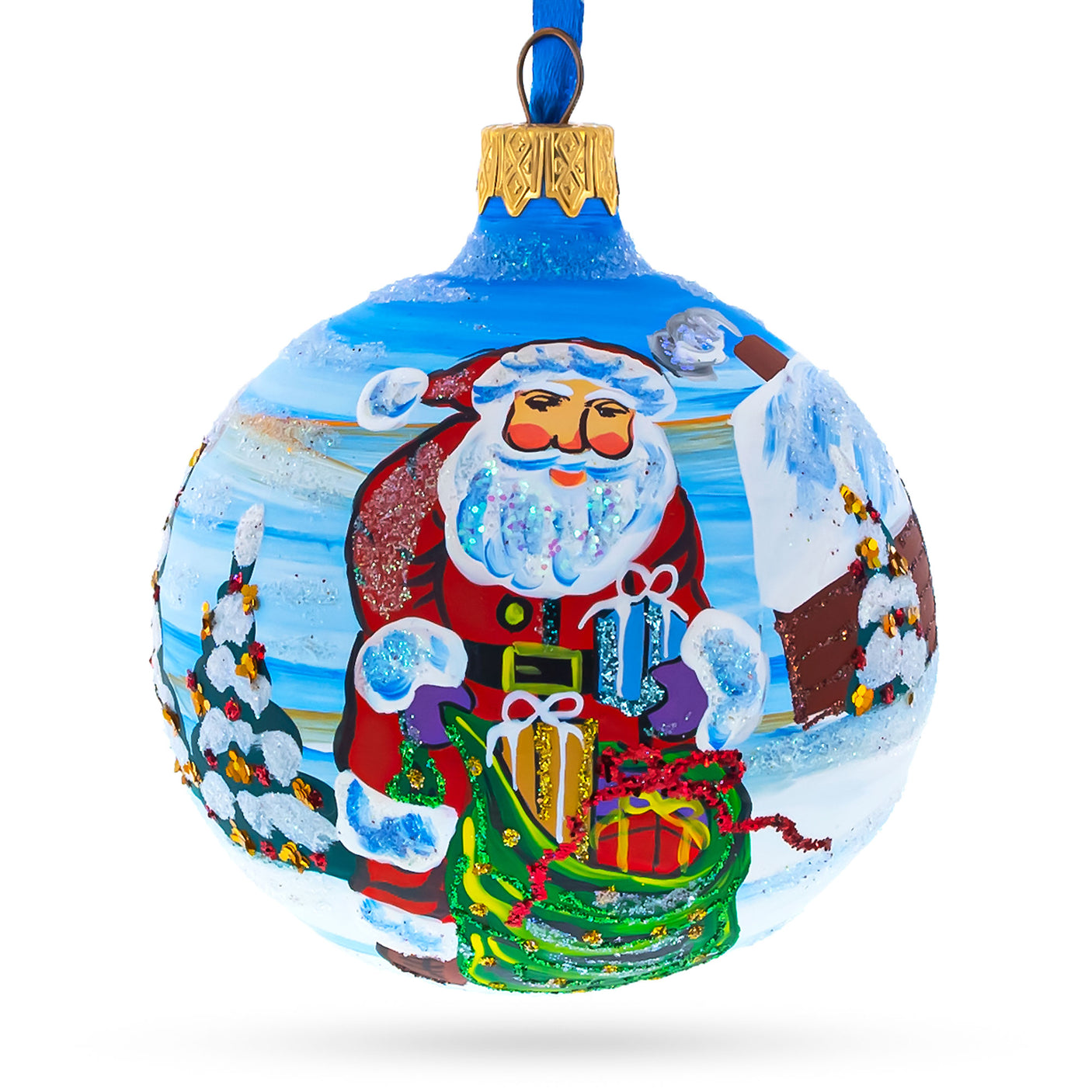 Glass Santa with Bag of Gifts Blown Glass Ball Christmas Ornament 3.25 Inches in Multi color Round