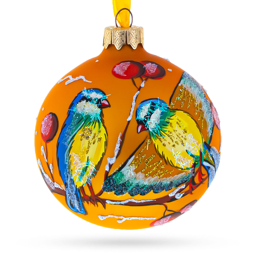 Glass Yellow and Blue Birds Perched on Branch Blown Glass Ball Christmas Ornament 3.25 Inches in Gold color Round