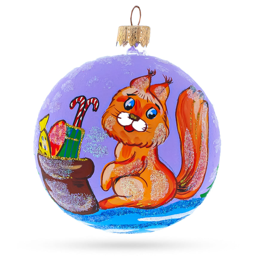 Glass Squirrel Presenting Gifts Beside a Festive Tree Blown Glass Ball Christmas Ornament 3.25 Inches in Purple color Round