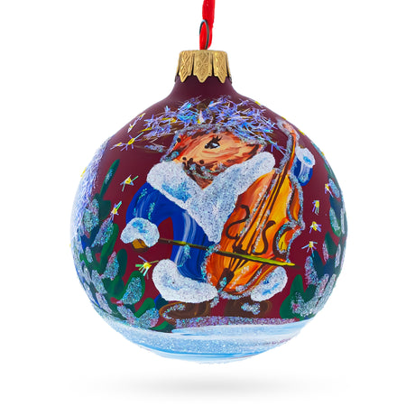 Glass Musical Hedgehog Serenading with Cello Blown Glass Ball Christmas Ornament 3.25 Inches in Red color Round