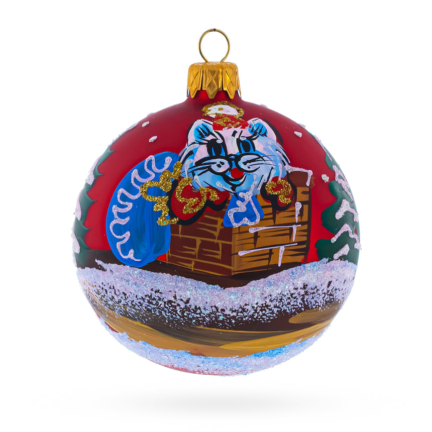 Glass Cat Stuck in Chimney Blown Glass Ball Christmas Ornament 3.25 Inches in Red color Round