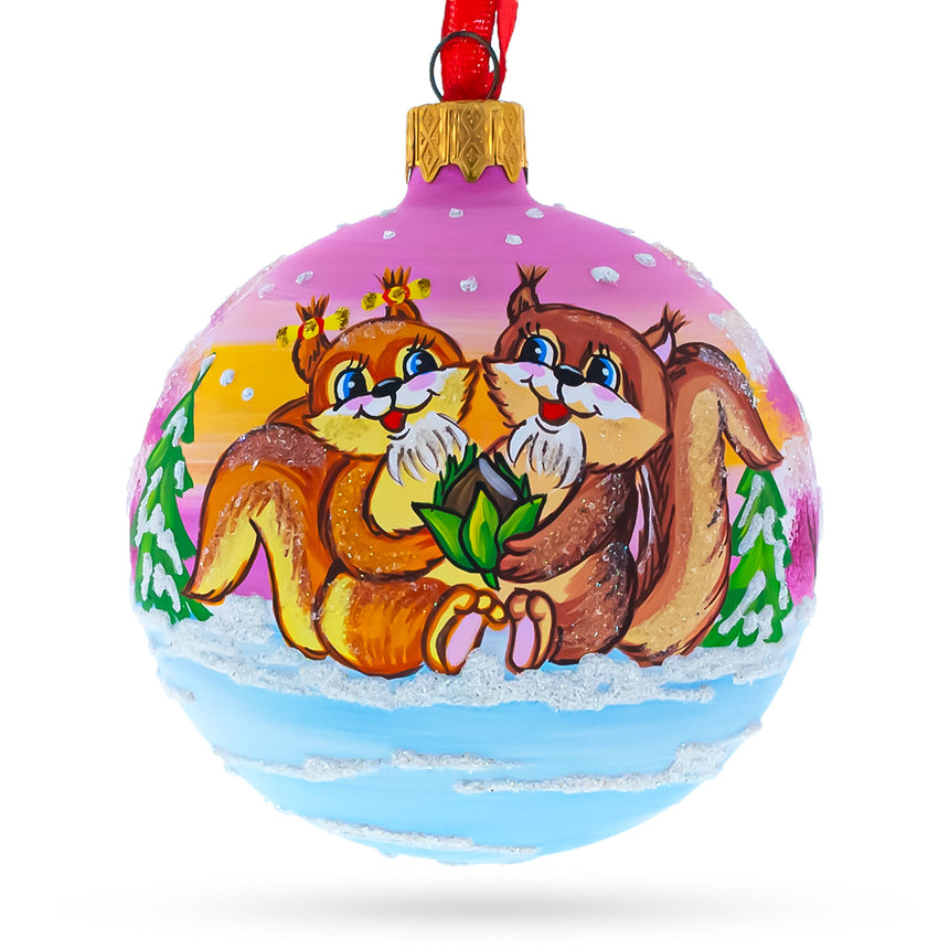 Glass Squirrel Couple Amidst Lotus Flower Glass Ball Christmas Ornament 3.25 Inches in Pink color Round