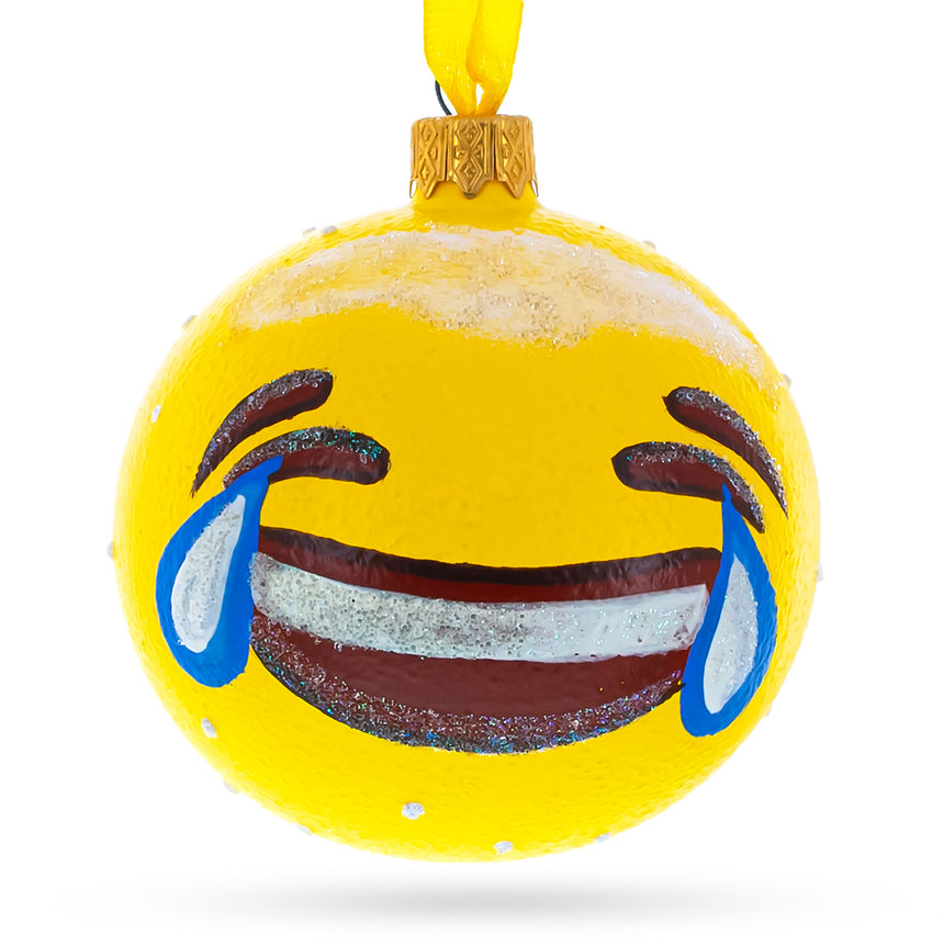 Glass Laughing Facial Expressions Glass Ball Christmas Ornament 3.25 Inches in Yellow color Round