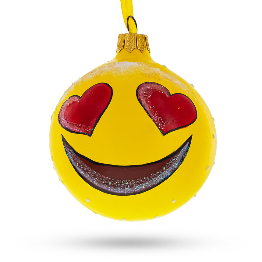 Glass Adorable Heart Eyes In Love Facial Expressions Glass Ball Christmas Ornament 3.25 Inches in Yellow color Round