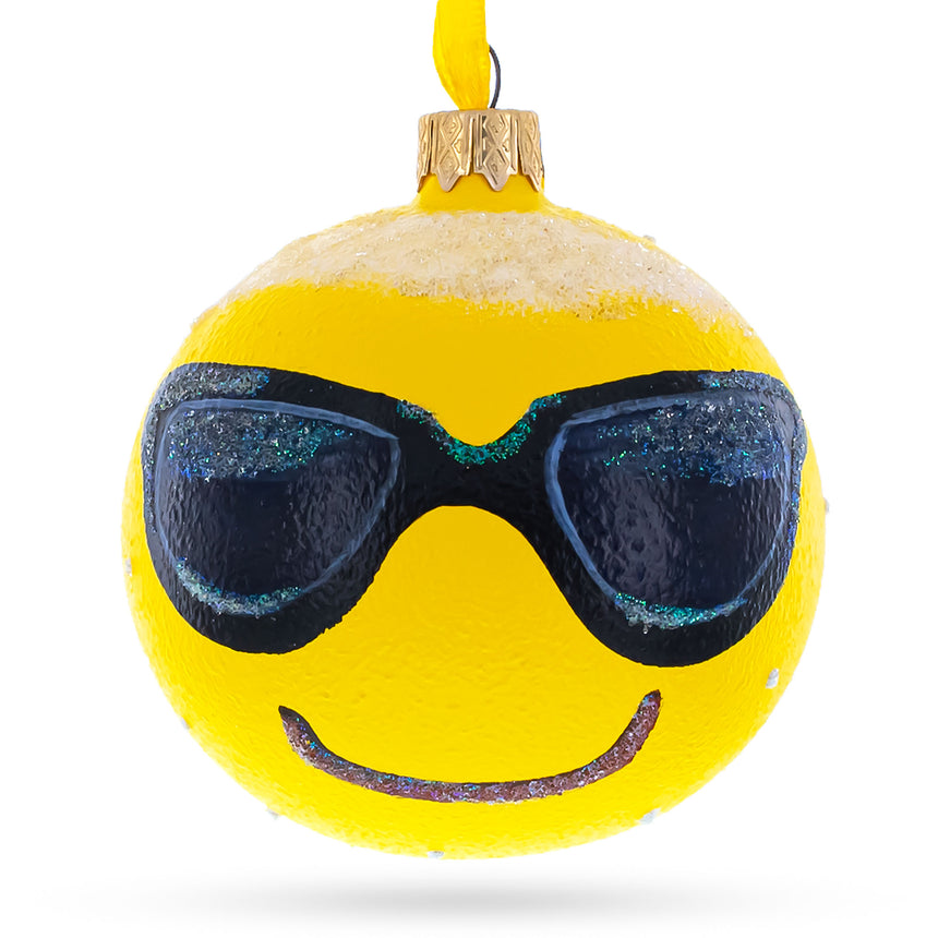 Glass Cool Sunglasses Facial Expressions Glass Ball Christmas Ornament 3.25 Inches in Yellow color Round