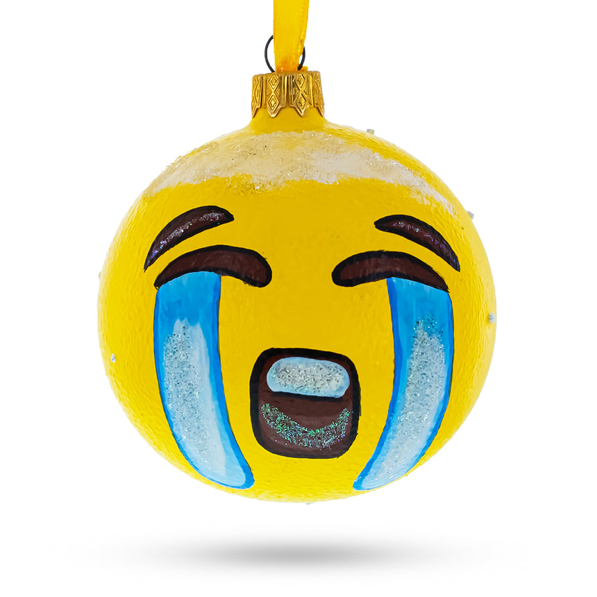 Glass Loudly Crying Facial Expressions Blown Glass Ball Christmas Ornament 3.25 Inches in Yellow color Round