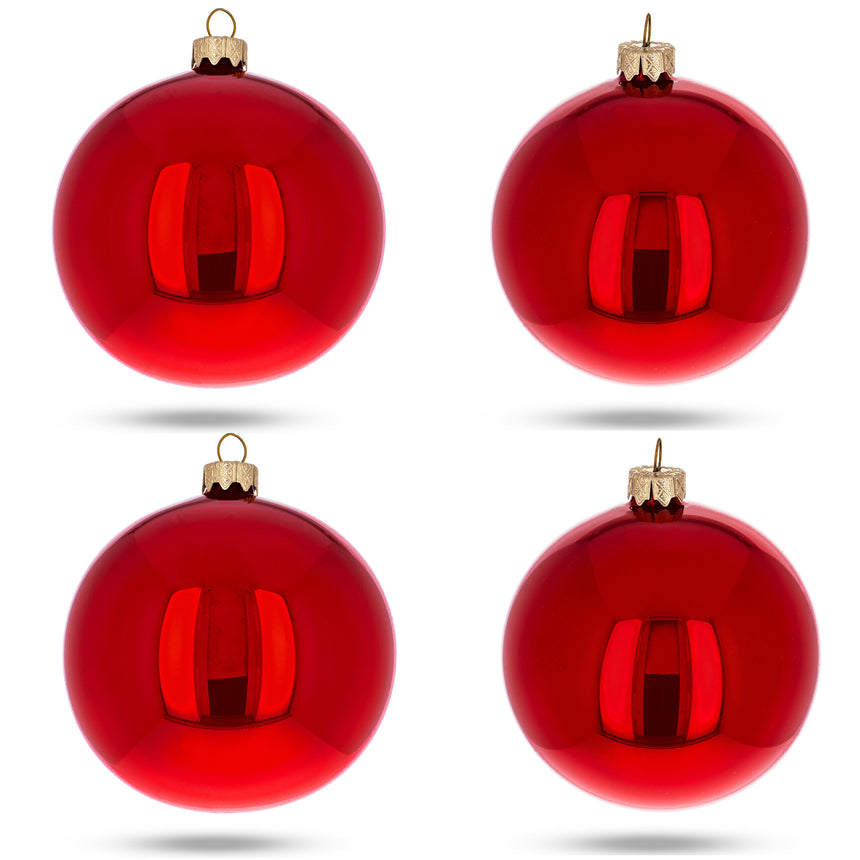 Glass Set of 4 Glossy Red Glass Ball Christmas Ornaments 4 Inches in Red color Round