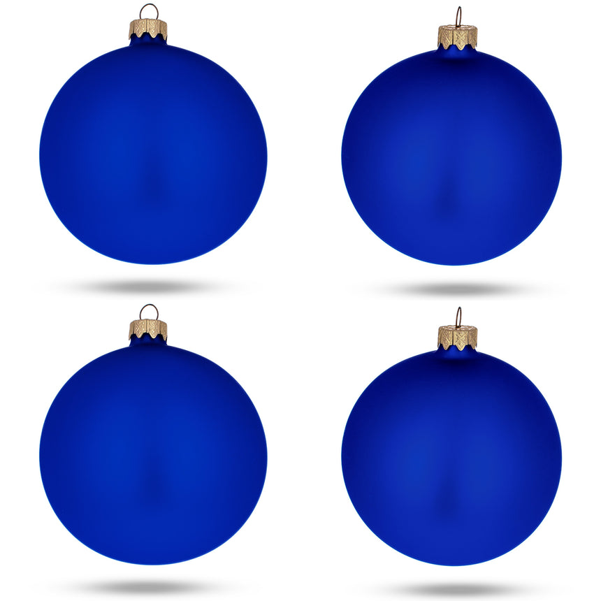 Glass Set Of 4 Matte Blue Glass Ball Christmas Ornaments 4 Inches in Blue color Round