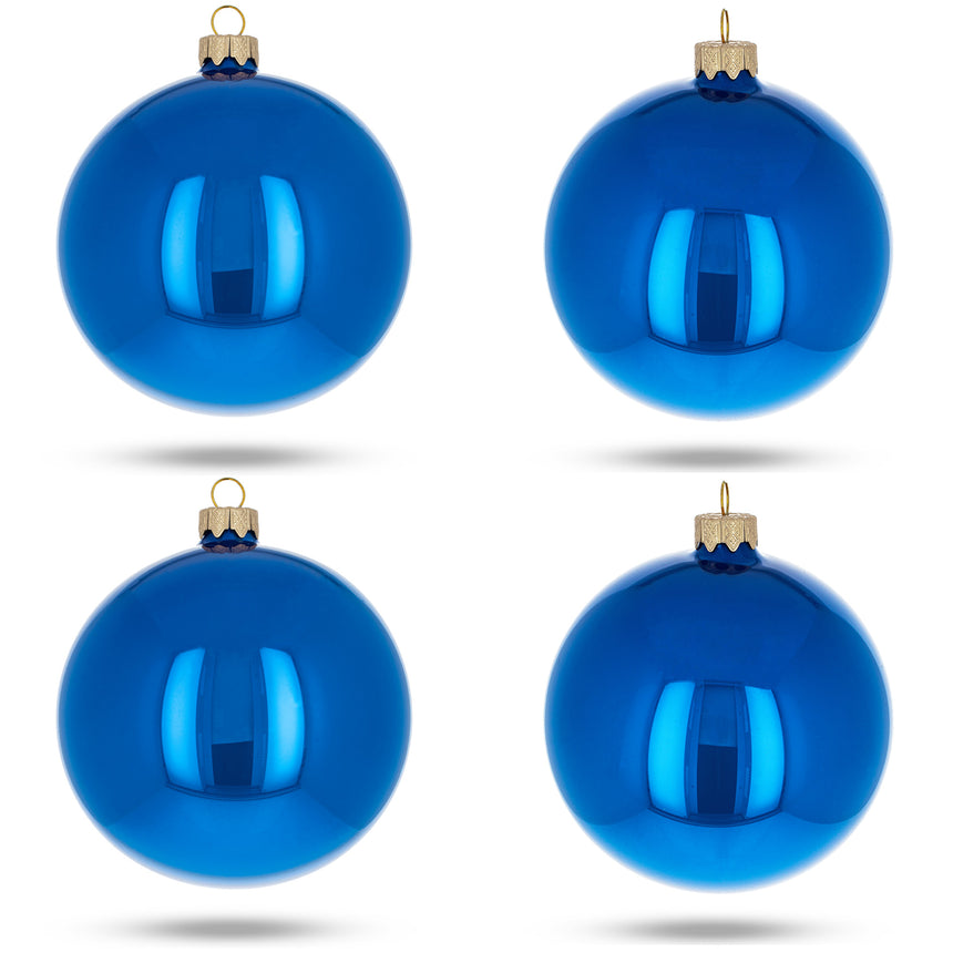 Glass Set of 4 Glossy Blue Glass Ball Christmas Ornaments 4 Inches in Blue color Round