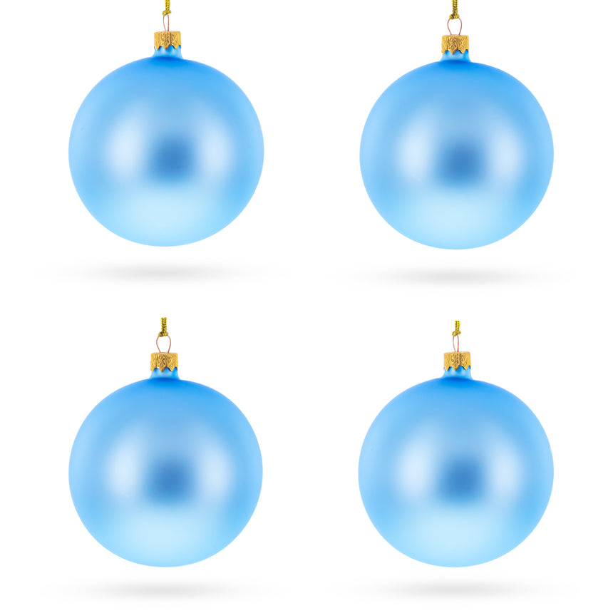 Glass Set Of 4 Light Matte Blue Glass Ball Christmas Ornaments 4 Inches in Blue color Round