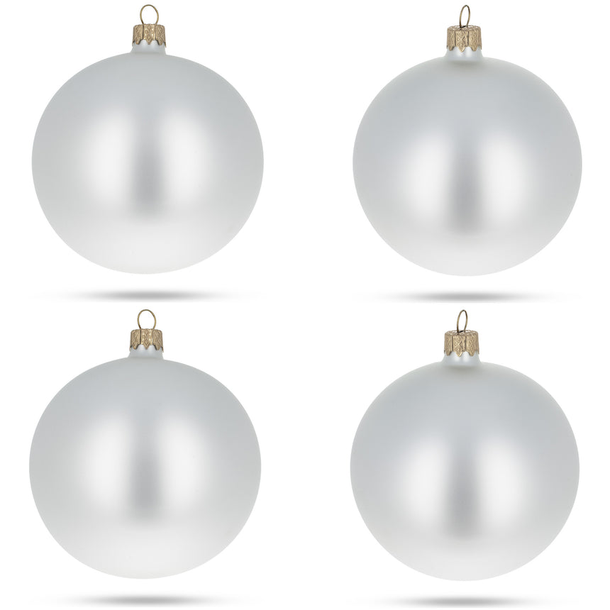 Glass Set of 4 Matte White Glass Ball Christmas Ornaments 4 Inches in Silver color Round